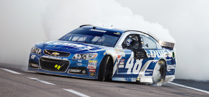 Jimmie Johnson, driver of the #48 Lowe's Chevrolet SS, celebrates his second 2015 Texas victory with a burnout Sunday, November 8, 2015 in the NASCAR Sprint Cup Chase race at Texas Motor Speedway in Fort Worth, Texas. The six-time NASCAR Sprint Cup Series champion delivered another Chevrolet SS milestone with it's 50th win today at Texas Motor Speedway in 106 starts. Johnson delivered the 6th Gen race car's first win in it's 2013 Daytona 500 debut. The second round of the Eliminator 8 continues next week at Phoenix International Speedway in Avondale, Arizona.  (Photo by Gregg Ellman/HHP for Chevy Racing)